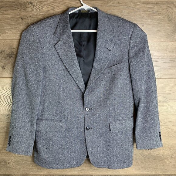Mens Herringbone Gray Single-Breasted Blazer Jacket Two-Button Closure Made In C - Picture 2 of 9